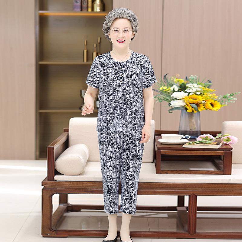 

Plus-Size Women s Summer Outfit: Short-Sleeved T-Shirt & Pure Cotton Silk Two-Piece Set, Perfect for Elderly Grandmothers. 2XL (recommended 55-60 kg) синій
