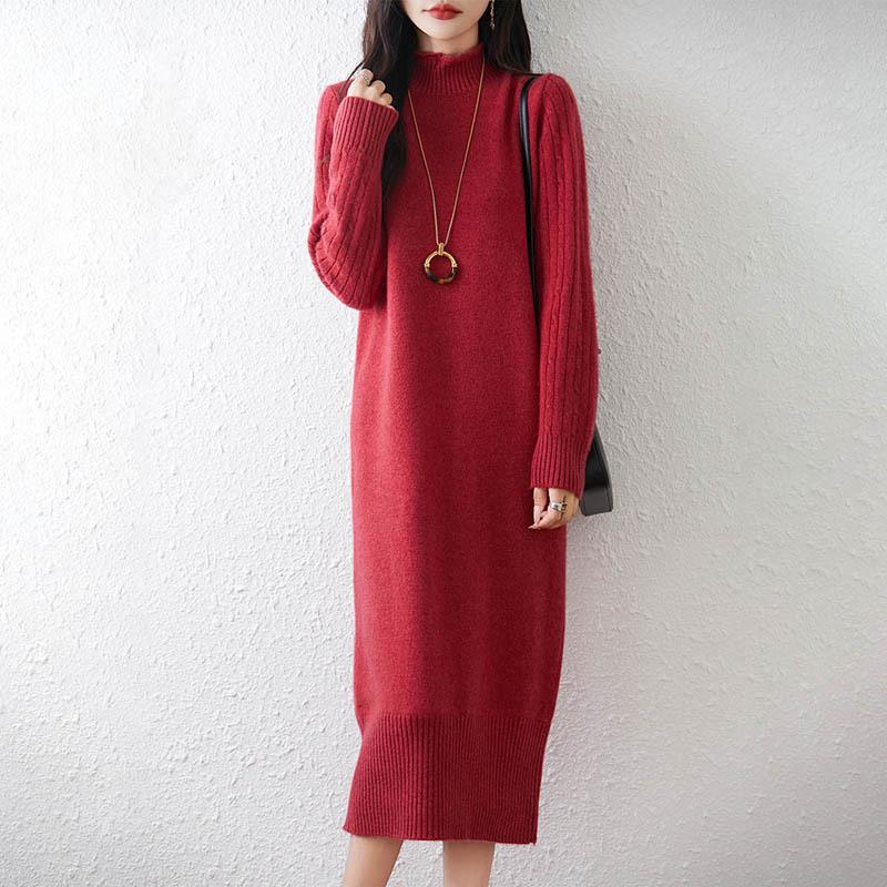 Rochie groasă de lână pentru femei - Lungă, largă, cu guler semi-înalt pentru toamnă/iarnă