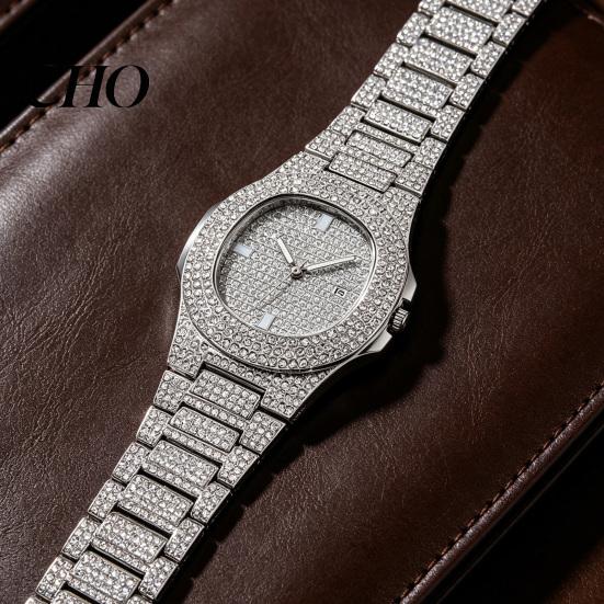 Eye-catching Wristwatch Quartz Watch with Full Diamond Bezel And Dial High Accuracy Sparkling Trendy Hip-Hop Style for Daily Party Fashion Statement