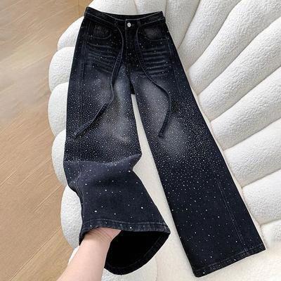 Glittering Rhinestone Denim Pants Women's Jeans Wide Leg Design Sensation Floor-Length Pants Loose Jeans