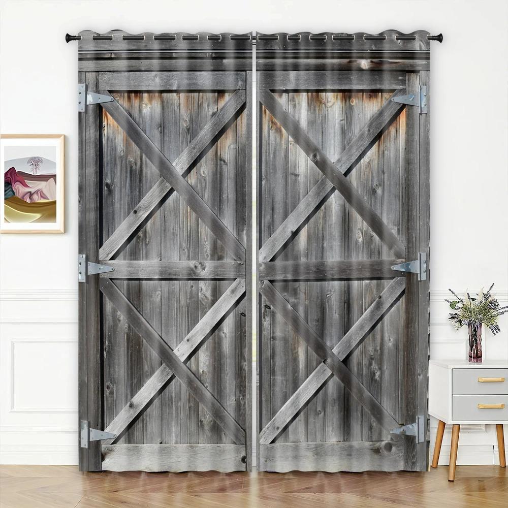 Retro Wooden Door Texture Vintage Barn for Bedchamber Livingroom Space Kitchen Windowpane Drape Contemporary Household Space Decoration 2 Panels
