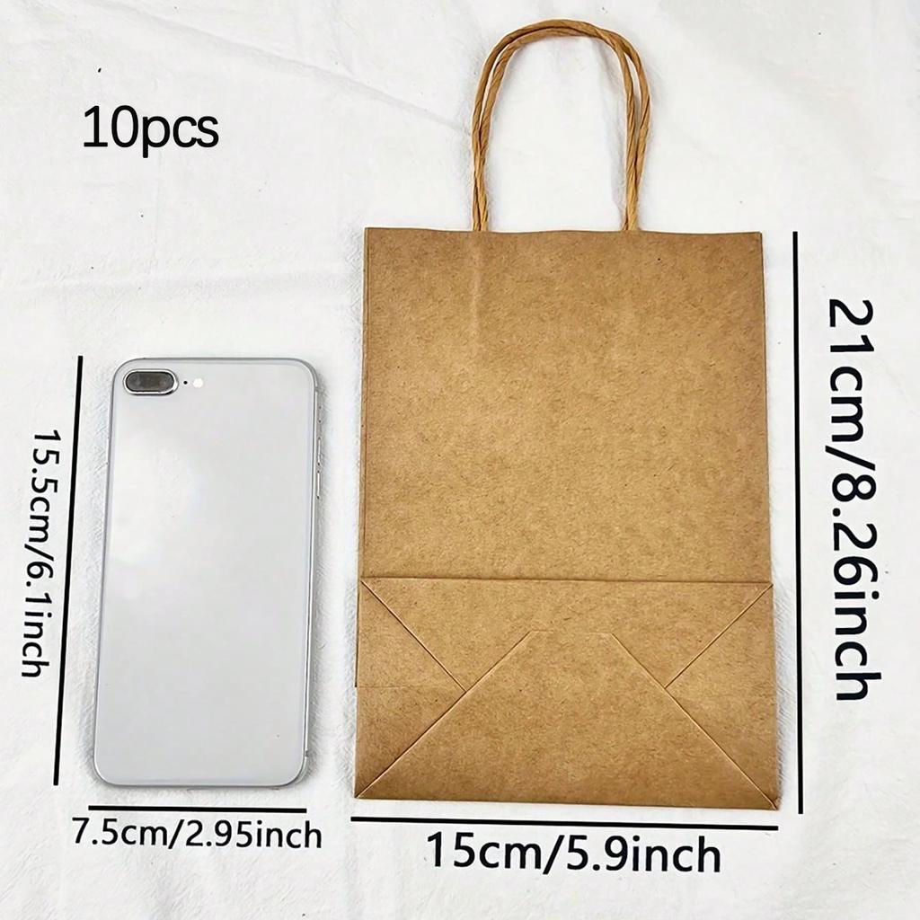 10pcs - khaki kraft paper bag with handle, durable and reusable - perfect for weddings and parties, suitable for storage