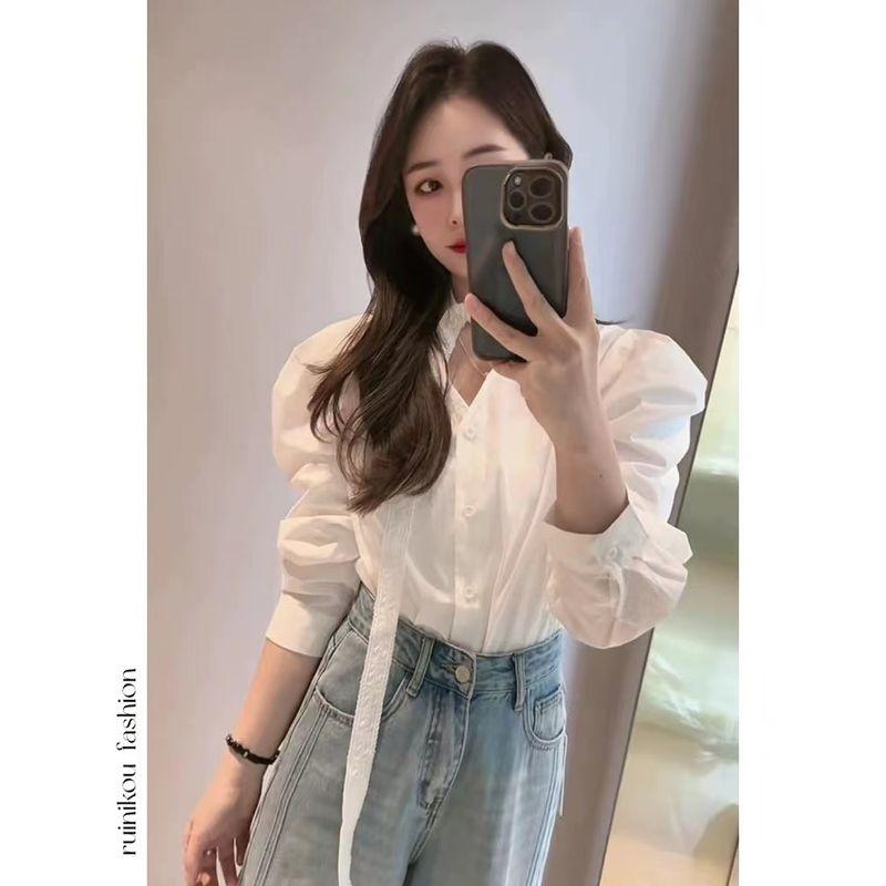 

9848#4.24 Ribbon Tops 2025 Spring New Arrival Blouse Lace Tied Shirt White XL