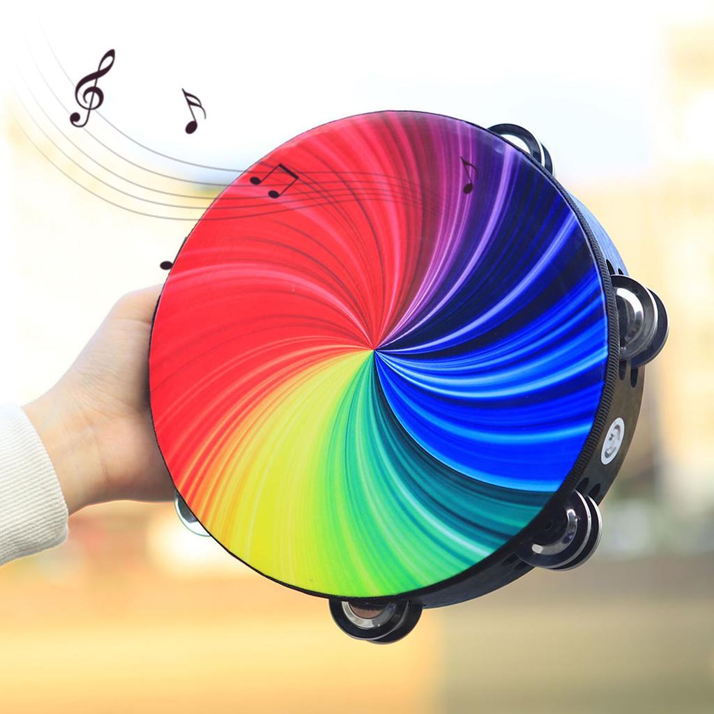 8 Inch Rainbow Tambourine Wooden Handbell Early Education Percussion Instrument with Double Row