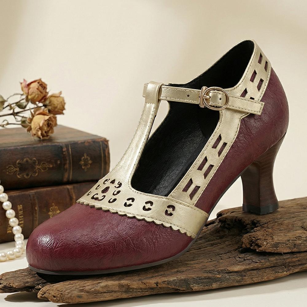Women T-Strap Pumps  Kitten High Heels Cutout PU Shoes Small Oversize Plu Size 32 50