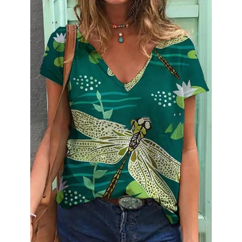 Sommer Schmetterling Libelle 3D V-Ausschnitt Bedruckt Neues Damen Top T-Shirt