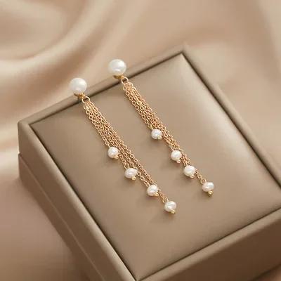 14K Gold Plated Copper Long Chain Tassel Drop Earrings with Genuine Freshwater Pearls for Women Elegant Jewelry