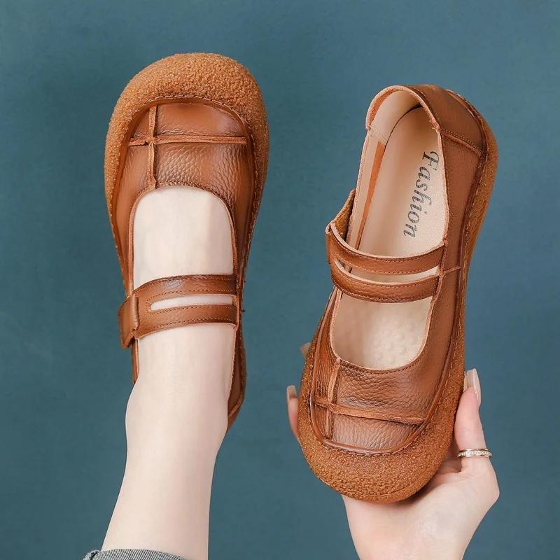 Fashion Women’s Genuine Leather Comfort Flats Hollow Mary Jane Shoes Fashion Lightweight Soft Hook Loop Nurse Shoes Woman Strap Moccasin