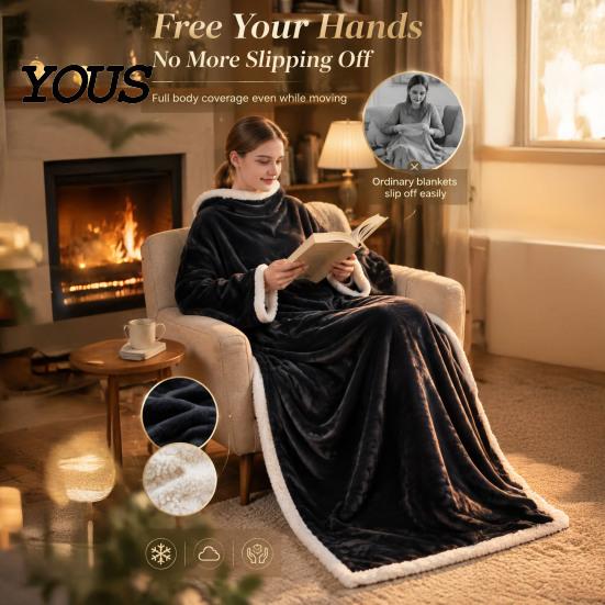 Fleece gefütterte Decke für Nickerchen Flanell Tragbar mit Ärmeln, Erwachsene Winter Kängurutasche, Weicher Gemütlicher Plüsch Überwurf Kalte Tage Drinnen Entspannen Fernsehen Schauen