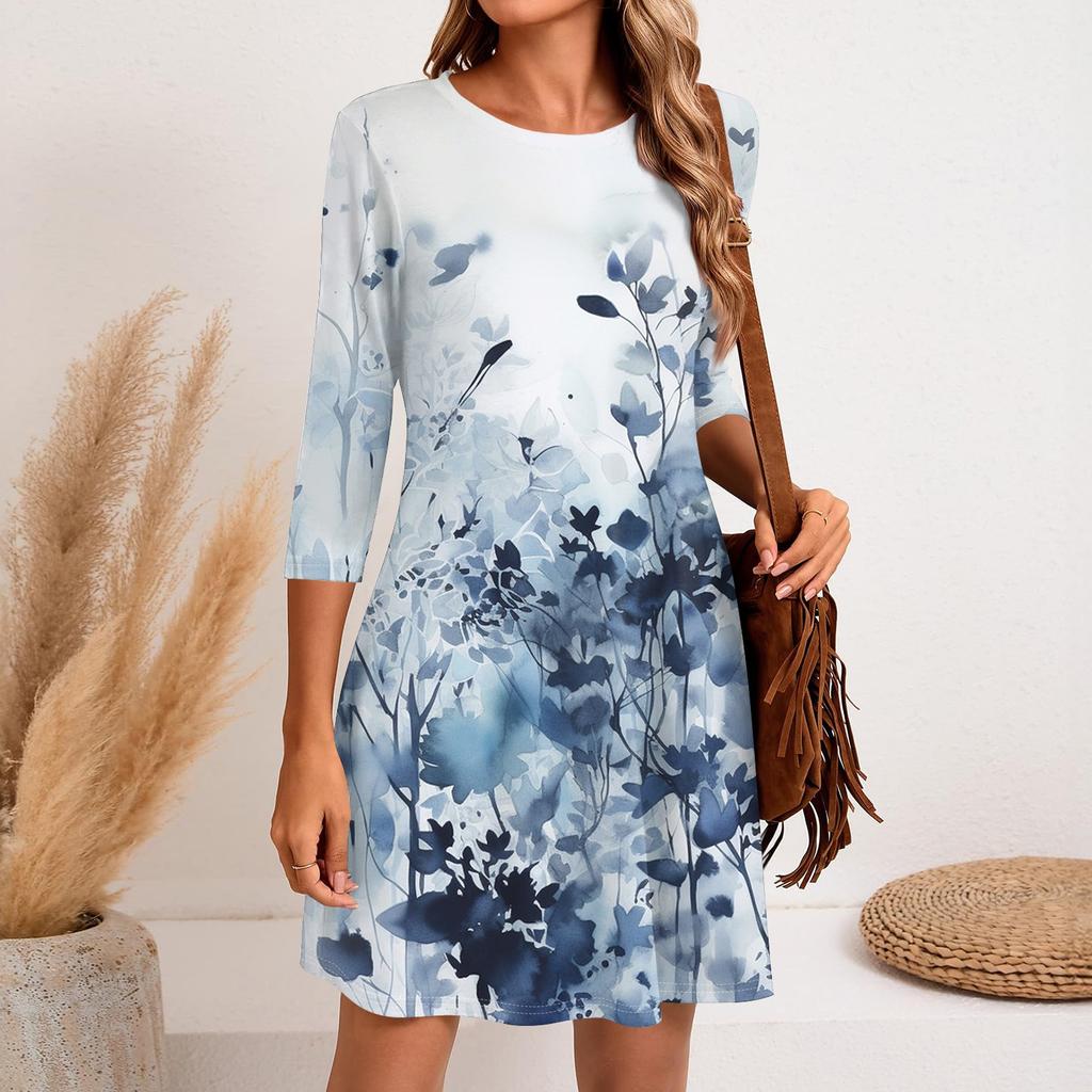 Women's Fashion Casual Print Round Neck Three-quarter Sleeve Short Dress