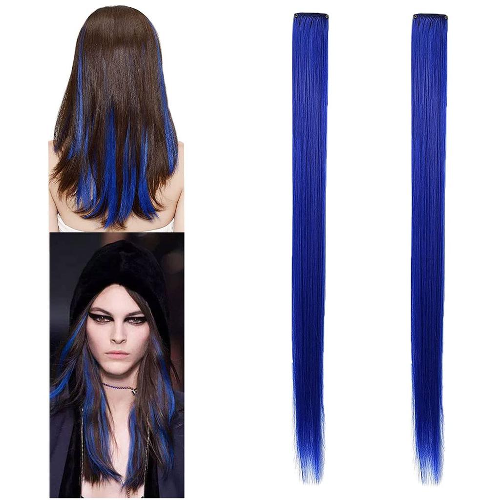 ZALYA™ Wiederverwendbare Bunte Haarsträhnen Extensions Für Frauen Haare Farbige Haarverlängerung Für Mädchen Set mit 2 Stück (Königsblau)