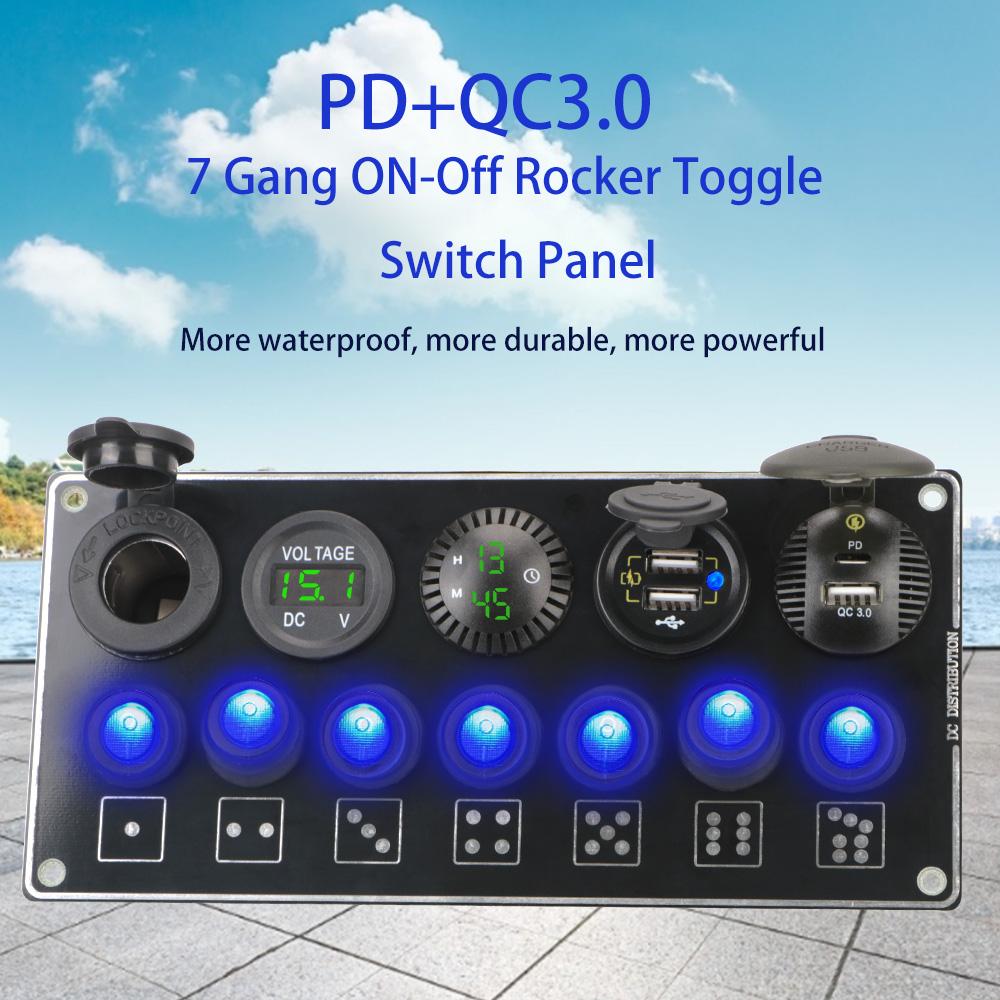 24V 12V Switch Panel For Boat Truck RV Rocker Toggle Car Lights 5/7 Buttons Cigar Lighter Adapter USB Chargers QC 3.0 PD Socket