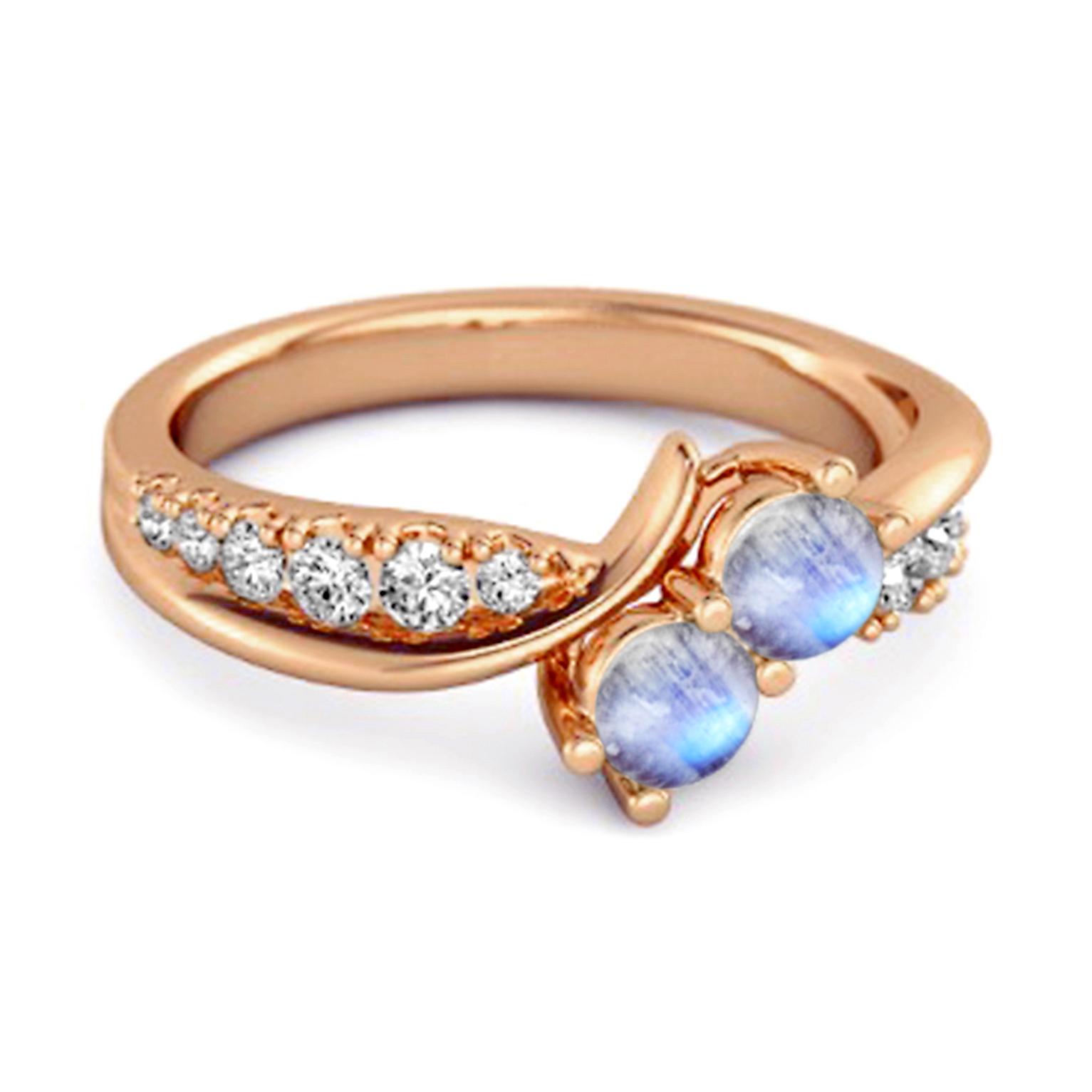Moonstone Twin Stone Pave Bypass Ring - 925 Sterling Silver Rose Gold Vermeil 6