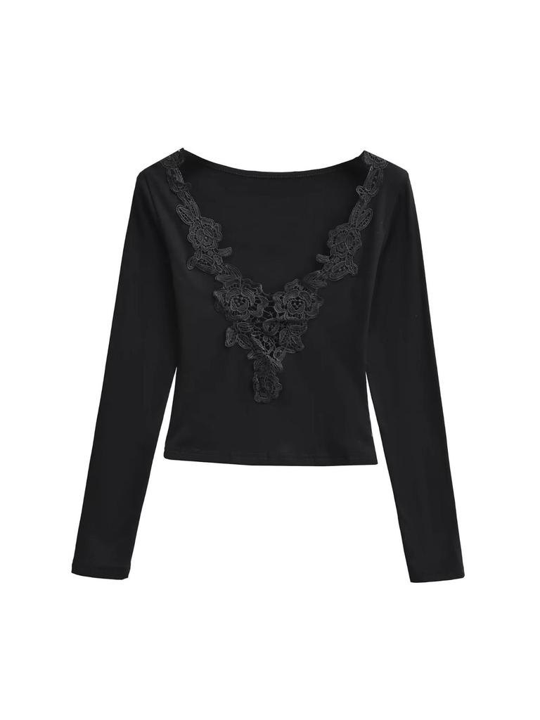 Spicy Girl Lace Patchwork Deep V-Neck Long Sleeve T-Shirt for Women - Slim Fit Brushed Base Layer for Autumn/Winter