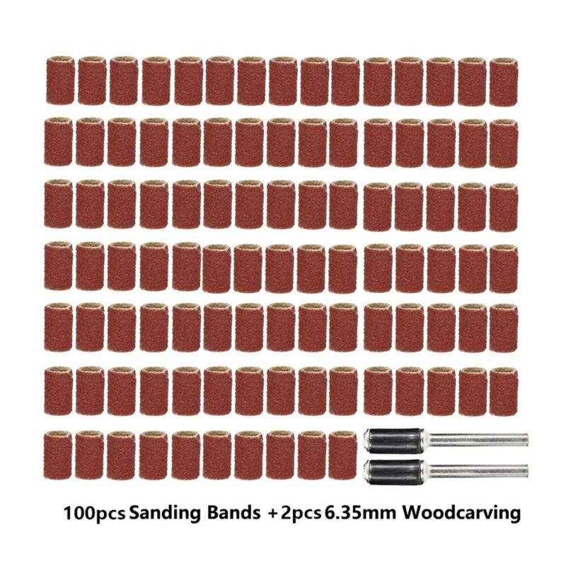 102Pcs Sanding Drum Set for Drum Sander Include 100Pcs Sanding Drums with 2Pcs Drum Mandrels Grinding Head Set