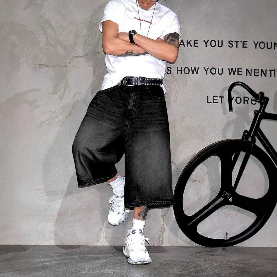 Men's Street Trend Denim Cropped Pants Black Old Loose Edition Summer Casual Jeans