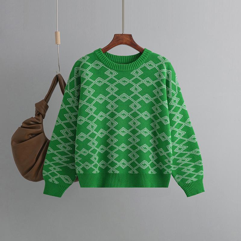 Suéter feminino de manga comprida jacquard para outono e inverno, gola redonda solta e versátil