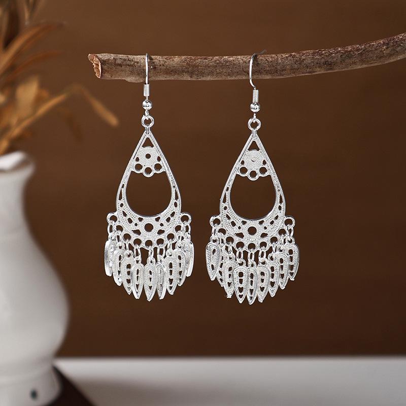 Ethnic Miao Silver Tassel Earrings - Retro Long Dangle Scenic Studs for Women