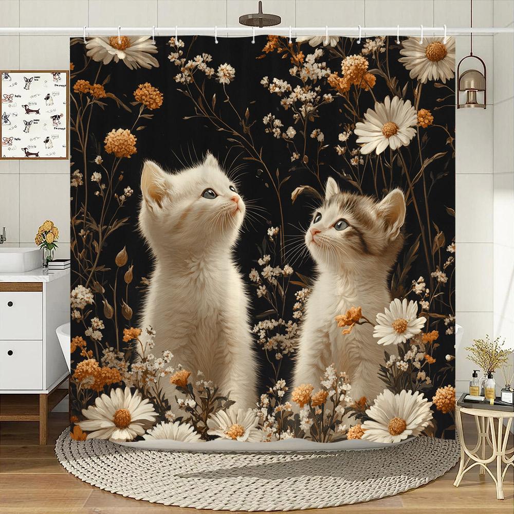 Vintage Style Cute Cat Shower Curtain Watercolour Blooming Flowers Polyester Fabric Home Bath Curtains Bathroom Decor with Hooks