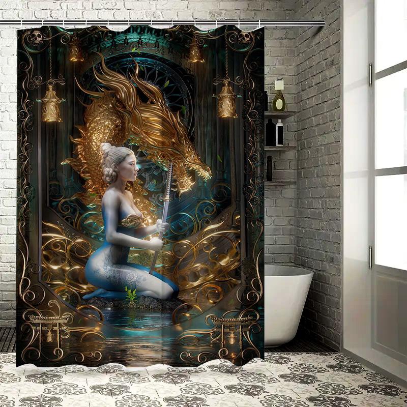 Golden Dragon Shower Curtain Fantasy Mythical Creature Bath Decor Wall Hanging Waterproof Fabric with Swordsman Lady Artistic De