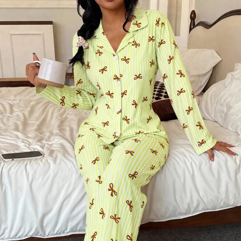 Womens Milk Silk Long Sleeve Cardigan Pajama Set With Collar Striped Bow Detail Winter Home Wear