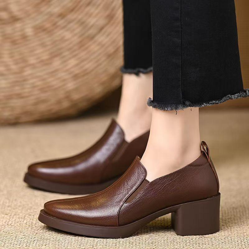 Women Leather Block Heel Slip On Nude Shoes Spring Autumn New Thick Sole Versatile British Style High Heel Commuter Shoes