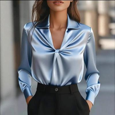 Autumn Blouses Fashion Temperament Solid Color Satin Pleated Long Sleeved Shirt Women Tops