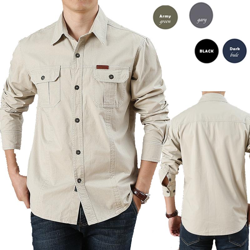 Camisa casual de manga larga para hombre de corte holgado con dos bolsillos en el pecho
