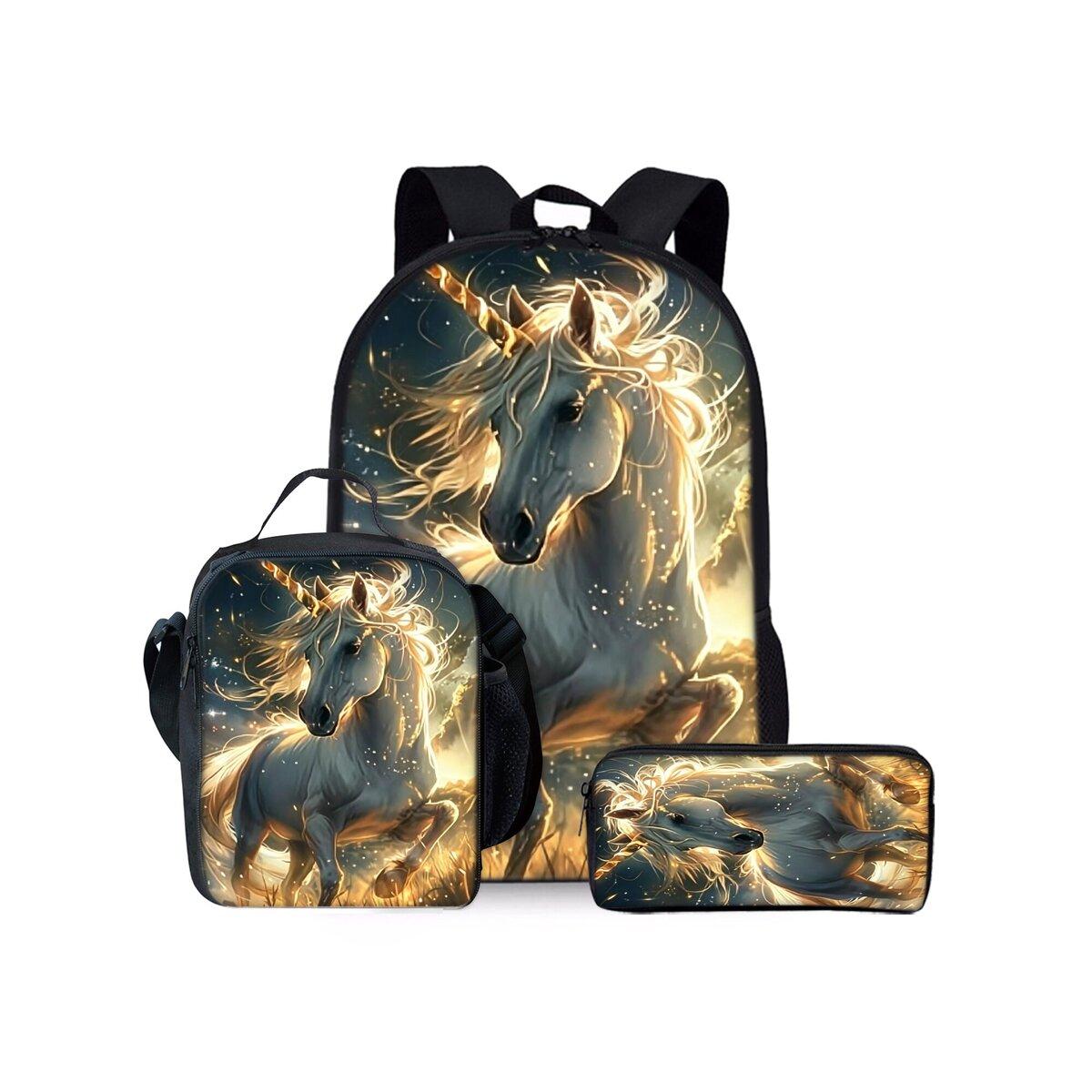 Ensemble de Sacs à Dos Trois Pièces Imprimé Bétail et Chevaux pour Garçons et Filles Meilleurs Cadeaux Sac d'École Plat Dessin Animé 2D pour Enfants black