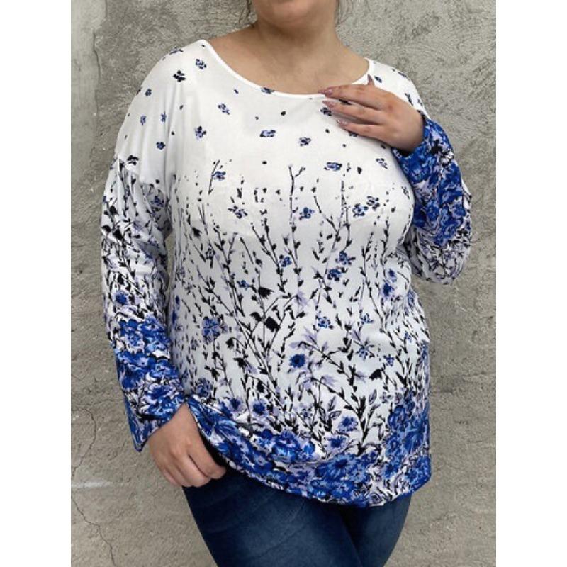 

Весенне-осенняя женская блузка размера плюс с цветочным принтом, топ с длинными рукавами, футболка с круглым вырезом, топ 4XL синий