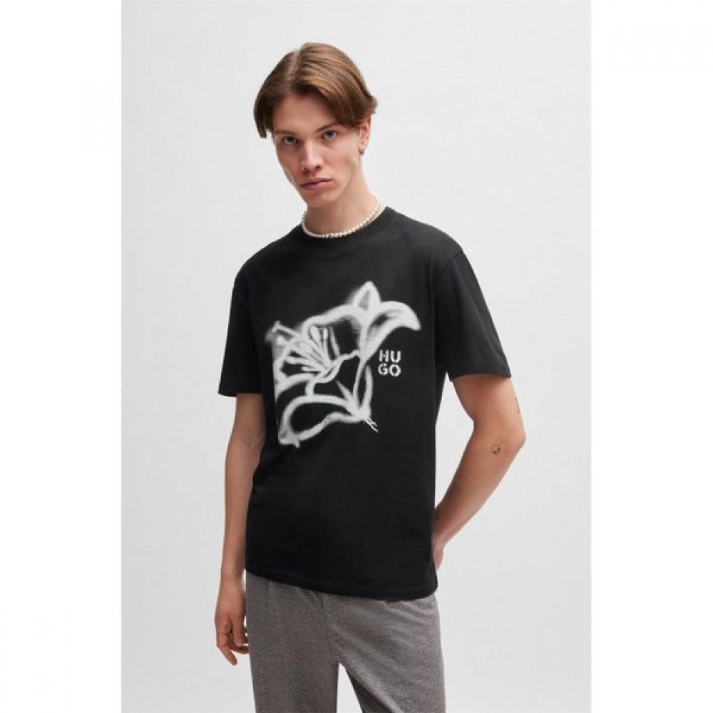 Hugo Relaxed FiT Floral PrinT CoTTon T shirT Black  50516711001 M