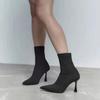 Designer Woman Black Knitting Stretch Fabric Sock Boots Elegant Pointed Toe Ankle Boot High Heels Party Prom Shoes Size 40