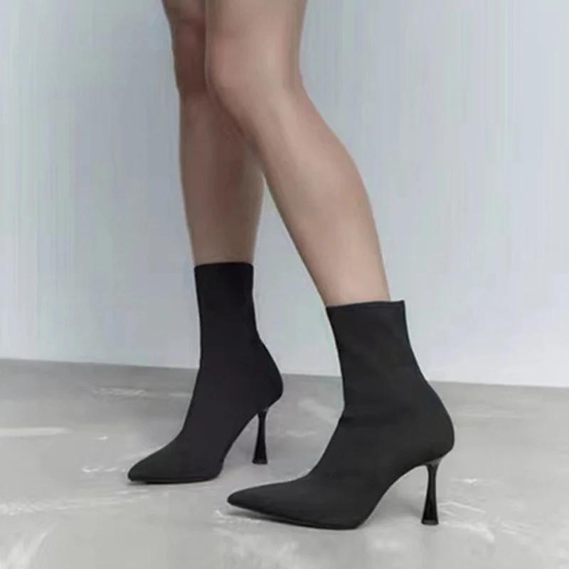 Designer Woman Black Knitting Stretch Fabric Sock Boots Elegant Pointed Toe Ankle Boot High Heels Party Prom Shoes Size 40