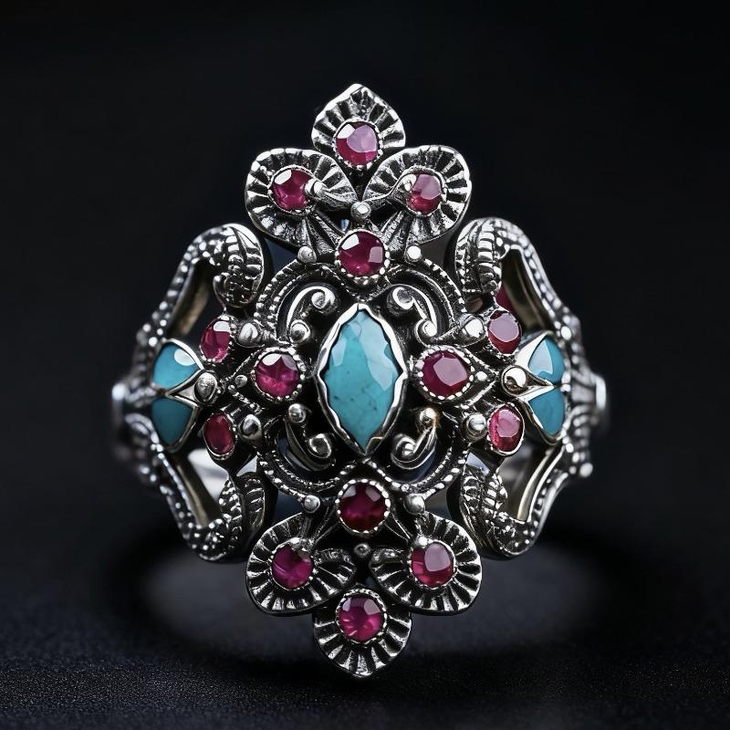 

European and American new fashion retro court gem inlaid light luxury personalized women s ring 9&Silver Plated