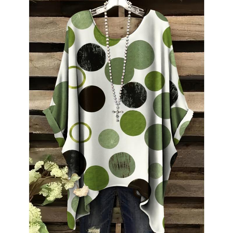 Summer fashion new large size matcha polka dot pattern round neck printed bat sleeves simple S