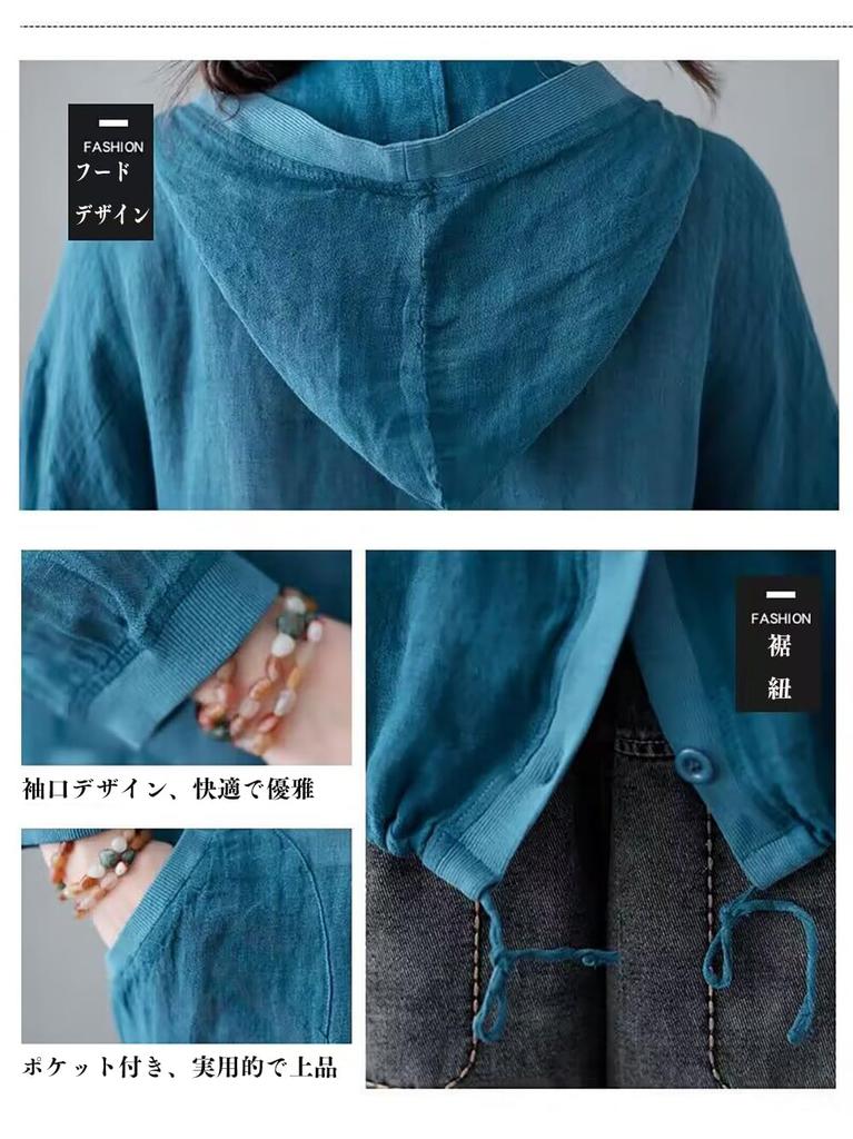 BdeSYT Long Sleeve Loose Solid 3 Women's Blouse, Cotton-Linen Hoodie, Fit, Open-Front Outerwear, Sweatshirt, Color, Slimming, Colors, M-2XL (L, Khaki)