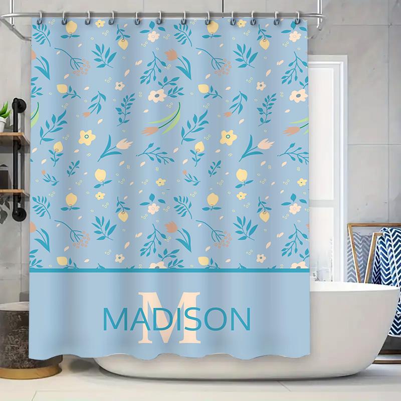 

Blue Floral Shower Curtain With Monogram For Bathroom Decor Custom Name Available Perfect Housewarming Gift #Homede W60H190(CM)-1 Pcs