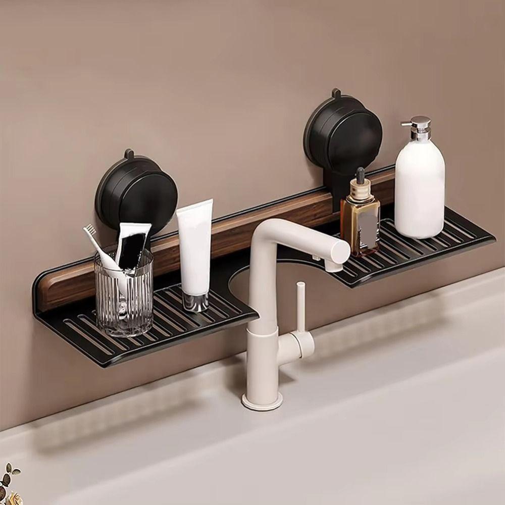 Walnut Finish Suction Cup Bathroom Shelf Wall Mount Shower Shelf Over Faucet Sink Rack  Bathroom