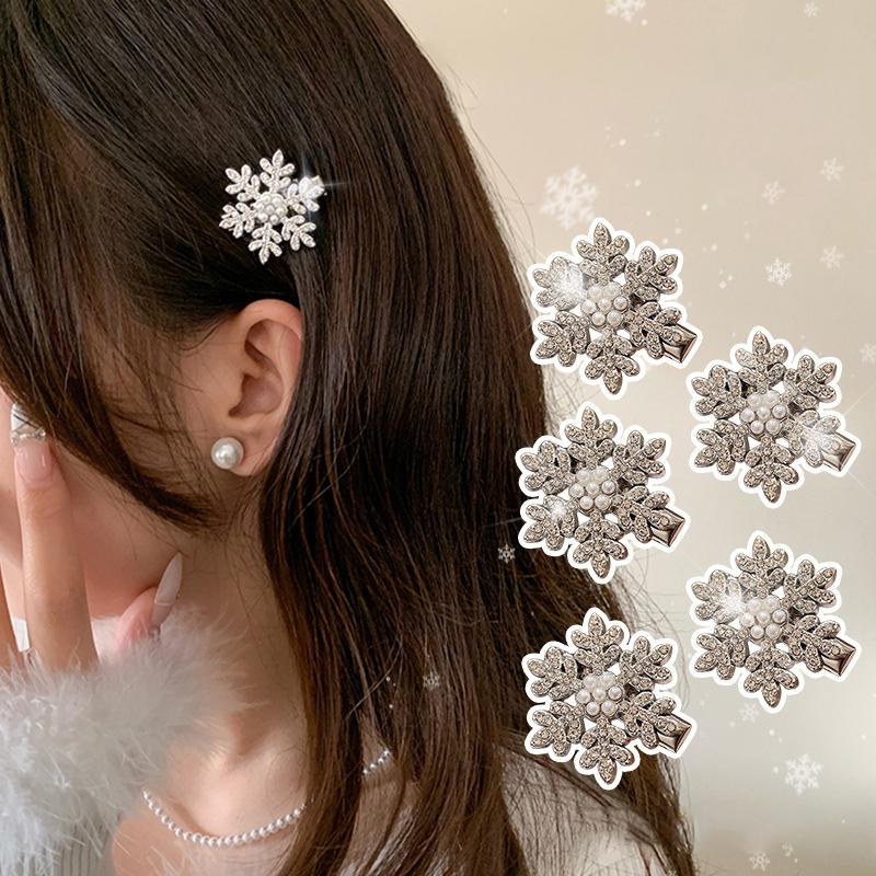 Christmas Sparkle Zircon Snowflake Hairpin Set of 2/5/10, Women's Cute Metal Rhinestone Hair Clips for Party Bangs Accessories