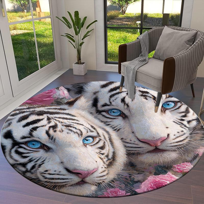 Roses and Tigers, Leopards Round Area Rug,Carpet Rug for Living Room Bedroom Sofa Playroom Decor,Non-slip Floor Mat
