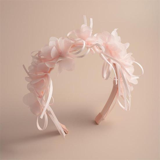 Soft Yarn Headband with Gauze Flowers Faux Pearls Decor Romantic