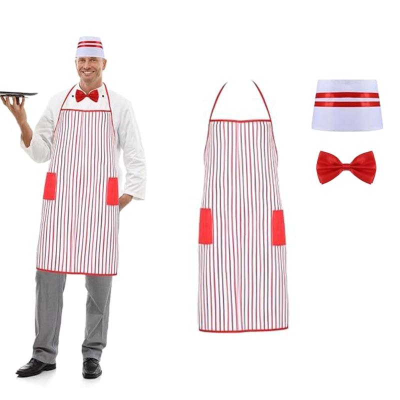 Kitchen Apron With Double Functional Pockets Matching Headwear Halloween Party Attire For Waitstaff Holiday Event