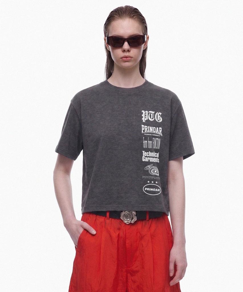 PRINOAR Multi-Logo Semi-Crop Short Sleeve T-Shirt - Charcoal