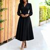 Women's Sleeve V-Neck Slim Fit Swing Dress with Pockets and Cinched Waist