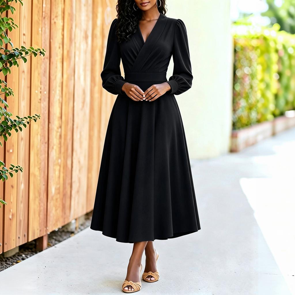 Women's Sleeve V-Neck Slim Fit Swing Dress with Pockets and Cinched Waist