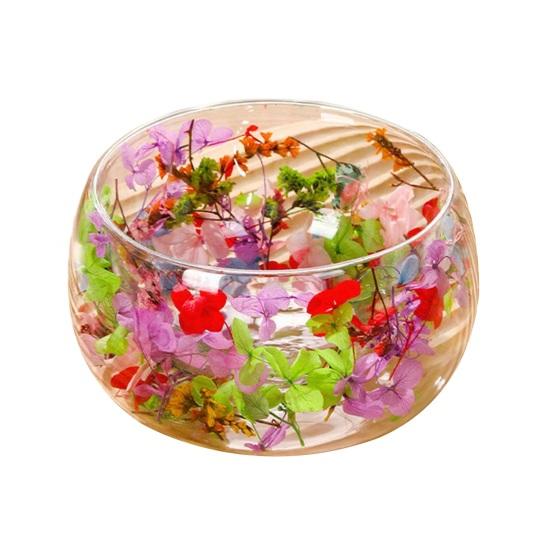 Doppelwandige Glasschale mit echten gepressten Blumen Hitzebeständig Kältebeständig Transparent Lebensmittelschale für Salat Dessert Servieren Niedliche Heimküchendekoration