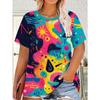 Modny damski T-shirt z krótkim rękawem i okrągłym dekoltem, casualowy, z kolorowym nadrukiem 3D