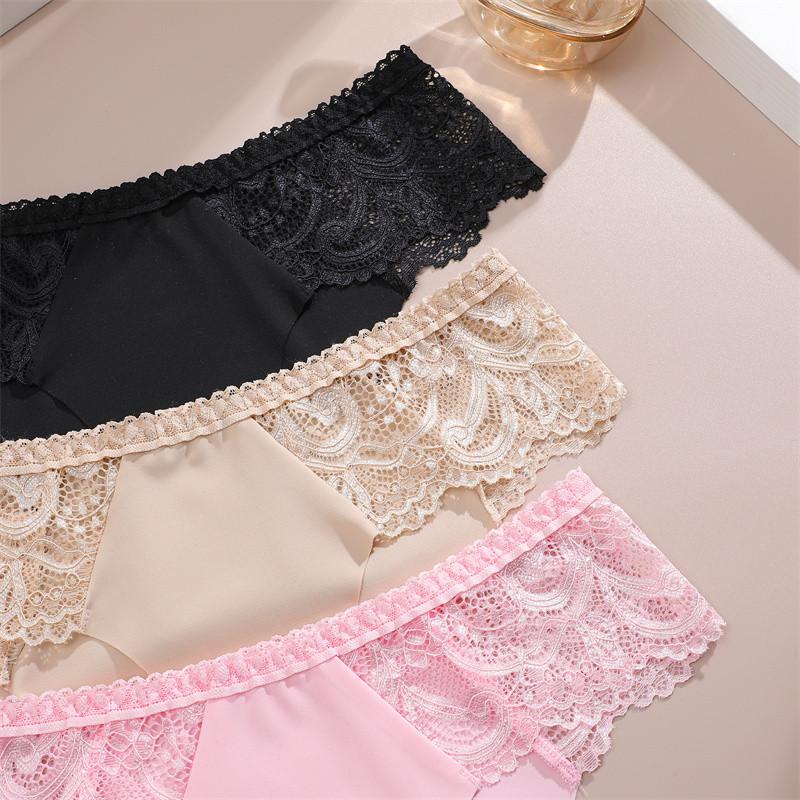 FINETOO Woman Ice Silk Panties Soft Briefs Lace Comfortable and Breathable Lingerie
