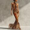 2026 summer new women's clothing vacation European and American printing lace-up neck sleeveless fishtail long dress dress