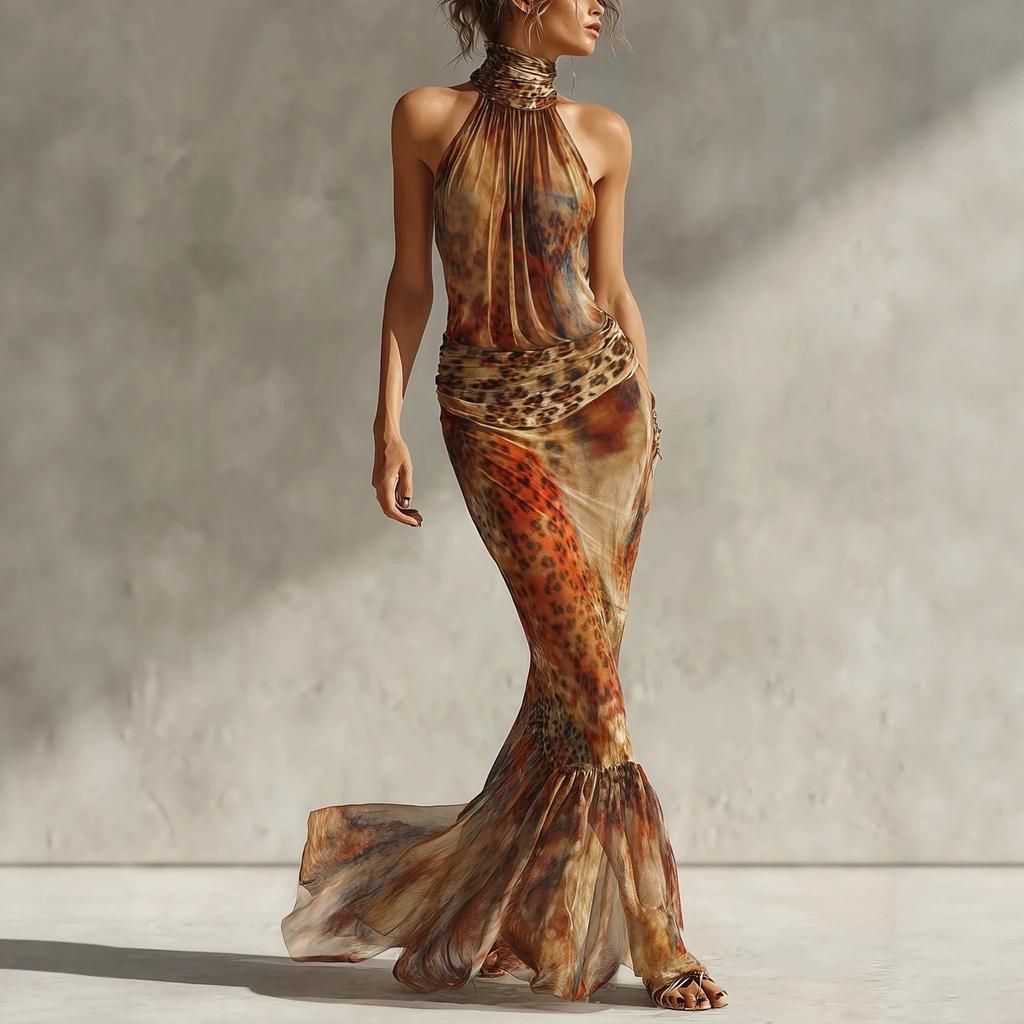 2026 summer new women's clothing vacation European and American printing lace-up neck sleeveless fishtail long dress dress